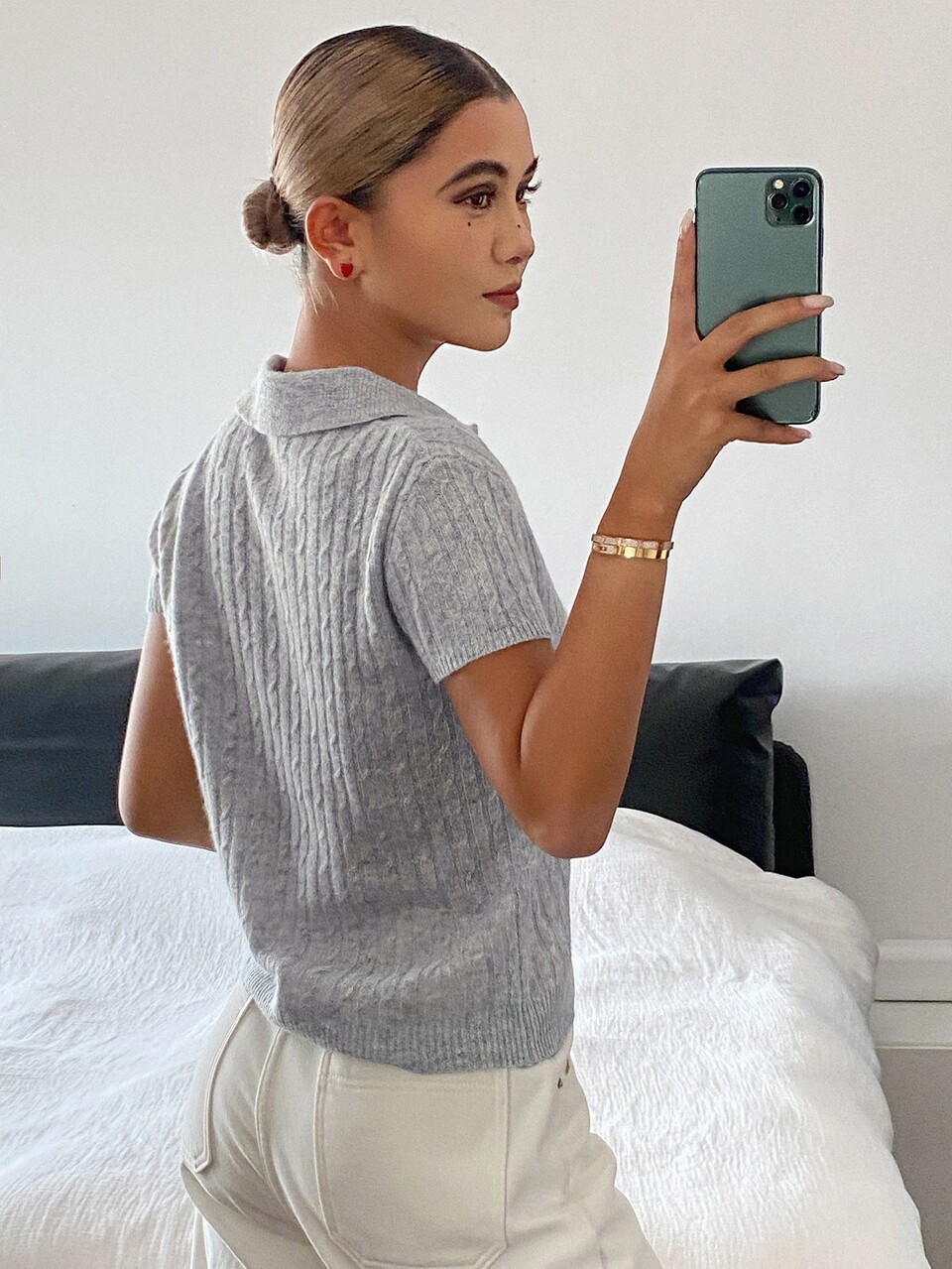 Women's Solid Color Polo Collar Short Sleeve Casual Knit Top