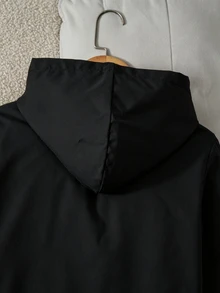 SHEIN 女童休閒酷萌寬鬆圖案梭織長袖連帽開襟單排扣外套，韓系校園與校外穿搭，黑色，秋季 - 黑色 - 查看 4