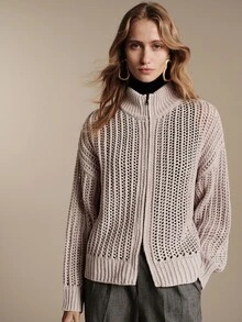 Anewsta Essential Autumn/Winter Elegant Lapel Zip-Up Hollow Stripe Vertical Hollow High-End Grey Knit Cardigan - Grey - View 7