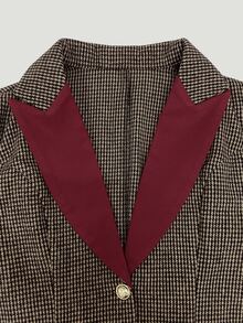 SHEIN Women's Vintage Velvet Houndstooth Lapel Single-Breasted Blazer, Contrast Color Design, Versatile Jacket For Spring, Autumn, Winter, Suitable For Office, Commuting And Other Occasions - Khaki - View 6