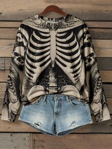 EMERY ROSE Plus Size Women Crew Neck Long Sleeve T-Shirt, Vintage Gothic Skeleton Ribcage & Skull Allover Print Halloween Costume Punk Streetwear Loose Daily Tee - Multicolor - View 1