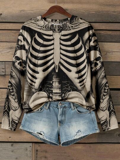 EMERY ROSE Plus Size Women Crew Neck Long Sleeve T-Shirt, Vintage Gothic Skeleton Ribcage & Skull Allover Print Halloween Costume Punk Streetwear Loose Daily Tee