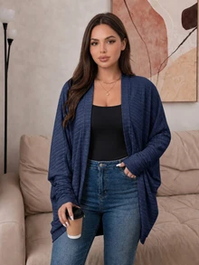 SHEIN Frenchy 大尺碼休閒寬鬆羅紋刷毛針織開襟外套 - 藍色 - 查看 8