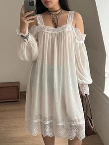 Dazy Plus Lace Patchwork Spaghetti Strap Cold Shoulder Short Dress Sexy Elegant Outfit Nightgown - White - View 3