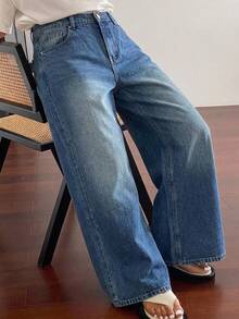 Dazy Plus Vintage Washed Grey Denim Long Straight Leg Jeans, Versatile All-Season Style - Dark Wash - View 7