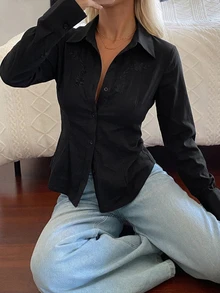 DAZY 女款優雅夏季度假襯衫，花卉刺繡、收腰設計、長袖與翻領秋季款 - 黑色 - 查看 6