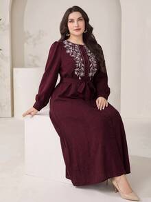 Feyla Plus Size Women's Floral Print Round Neck Long Sleeve Elegant Dress - Burgundy - View 5