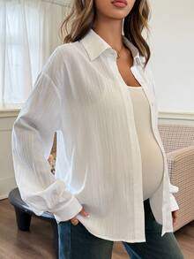 Dazy Maternity 純色寬鬆領口長袖休閒度假韓風春秋孕婦襯衫女式上衣 - 白色 - 查看 3