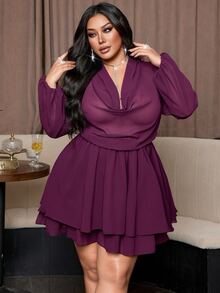 NU&NOW Gaun Pesta Elegan Bergaya Prancis, Model Kerah Berkerut Semi-Transparan, Lengan Panjang, Bahan Chiffon, Cocok untuk Wanita Ukuran Plus di Awal Musim Gugur, Cocok untuk Kencan dan Aktivitas Luar Ruangan. - Purple - View 1