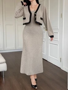 DAZY Women's Solid Color Spaghetti Strap Dress And Long Sleeve Cardigan Casual Daily 2 Pieces Set Fall - Apricot - View 3