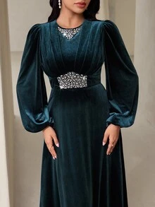 Veilorie فستان حفلة فاخر أنيق جديد مزين بالراينستون الثقيل بتصميم خصر مشدود وطيات أنيقة - أخضر داكن - مشاهدة 5