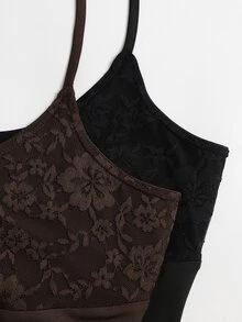 Sweetra Women's 2pcs Camisole Set, Lace Fabric, Elegant Vacation Style - Brown - View 3