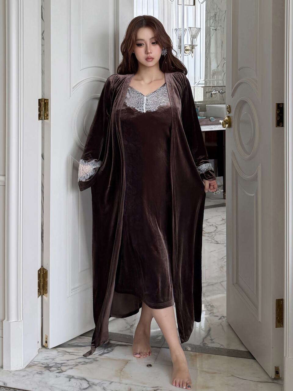 Dazy Plus Velvet Thickened Contrast Lace Elegant Cami Dress Long Cardigan Robe Autumn/Winter Sleepwear Set