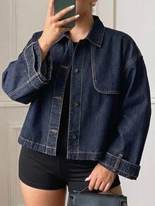 Dazy Plus Autumn Loose Fit Batwing Sleeve Denim Jacket With Turn-Down Collar, Contrast Stitching And Pocket, Casual Commute Streetwear Outerwear - Dark Wash - View 7