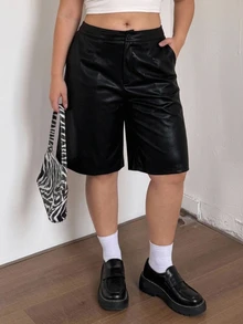 Dazy Plus Solid Color Versatile Oversized Street Casual PU Leather Black Shorts - Black - View 5