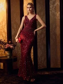 MOTF Soiréza LUXURIOUS SLEEVELESS DEEP V NECK MAXI MERMAID HEM BEADED PARTY GOWN FOR PROM, WEDDING GUEST - Burgundy - View 2