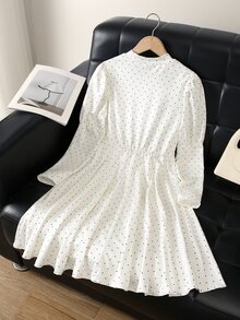 SHEIN 女童優雅甜美蝴蝶結裝飾泡泡長袖紋理洋裝，適合日常外出與聚會，春秋洋裝，秋季外出穿搭 - 白色 - 查看 2