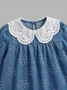 SHEIN Girls' Blue Denim Floral Tween Girl Kids Print Round Neck Long Sleeve Ruffle Hem Dress - Blue and White - View 2