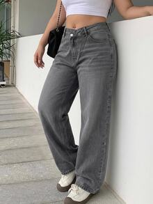 Dazy Plus Korean Style Low Waist Asymmetric Waistband Straight Leg Denim Jeans - Grey - View 2