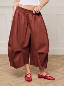 COUREZ 低腰短版氣球褲 Y2K 女款秋冬外出長褲 鐵鏽紅 節慶風 - 鏽棕色 - 查看 5