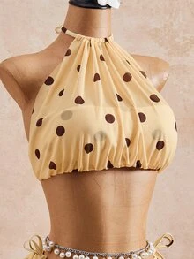 Bellisia 2026SS Spring/Summer Y2K Tropical Cute Retro Beige Polka Dot Print 3 Pieces Women's Swimsuit Set Vacation Beach Pool Party - Multicolor - View 4