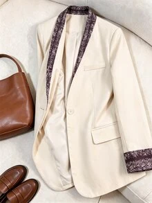 Rusticease Áo blazer nữ thanh lịch phối màu patchwork phong cách công sở - Màu Khaki - Xem 3