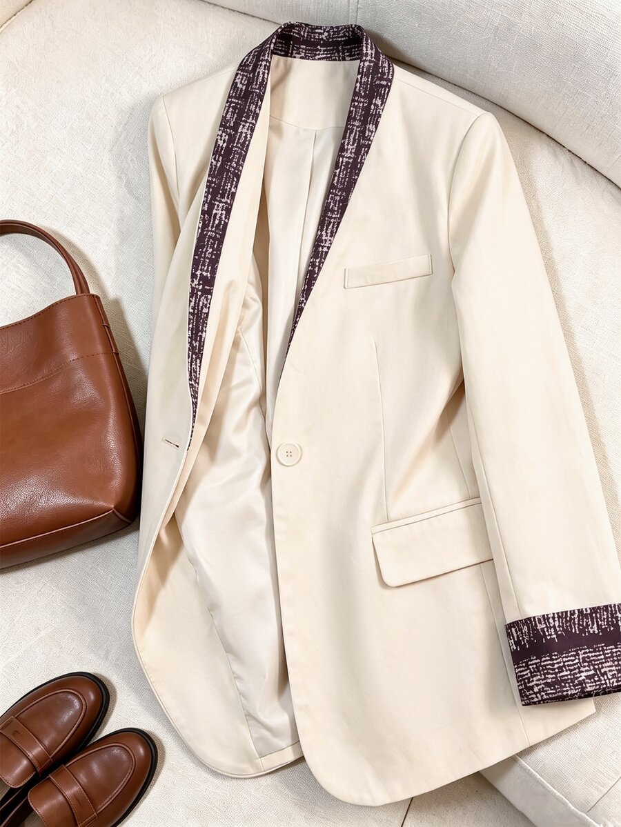 Rusticease Elegant färgblockig patchworkblazer för kvinnor, pendlarstil - Kaki - Visa 1
