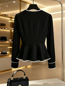 GlowEve Fall Clothes FOR WomenWomen's Elegant Commute Contrast Trim Waist-Cinching Blouse - Black - View 2