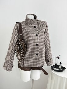 Elamini Women's Autumn New Vintage Slimming Flattering Casual Versatile Chic Premium Houndstooth Brown Overcoat - Brown - View 5