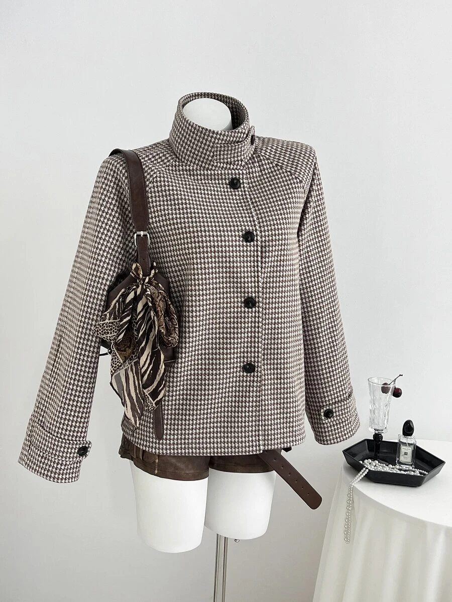 Elamini Women's Autumn New Vintage Slimming Flattering Casual Versatile Chic Premium Houndstooth Brown Overcoat - Brown - View 1