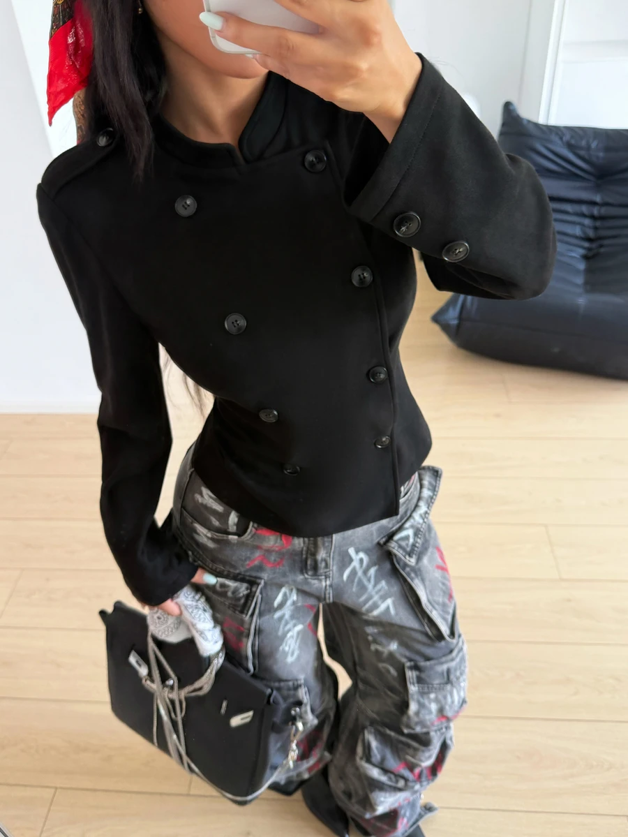 SHEIN HypeZone Women's Autumn New Vintage Slimming Flattering Casual Versatile Chic High-End Black Jacket - Black - View 1