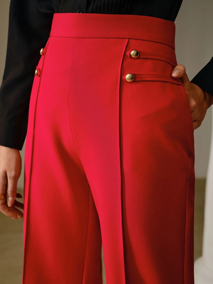 ZEYLAH Fashionable Elegant Commute Solid Color High Waist Straight Leg Pants - Red - View 1