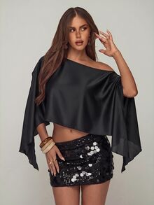 Aloruh 女款純色不對稱下擺不對稱領上衣與亮片裙時尚兩件套 - 黑色 - 查看 7