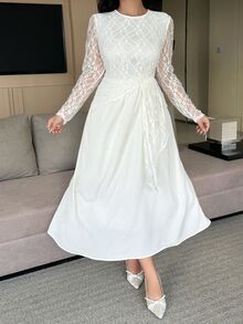 Dazy Plus Autumn Lace Patchwork Elegant Evening Dress, Early Autumn New Slimming Body-Flattering Dress - Apricot - View 8