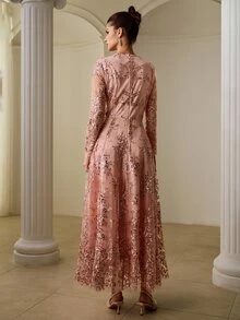 ZEYLAH Gaun Pesta Wanita Elegan dengan Motif Bordir Bunga Payet yang Menekan Pinggang - Berwarna merah muda - View 7