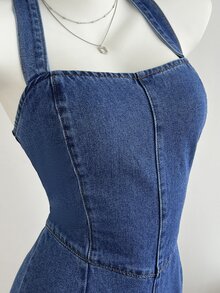 Elamini Festival Standard Size Women's Blue Non-Stretch Halter Neck Denim Jumpsuit - Medium Wash - View 6