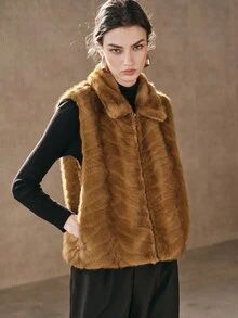 Anewsta Women's Autumn/Winter Lapel Faux Mink Wavy Embossed Vest Jacket - Coffee Brown - View 3