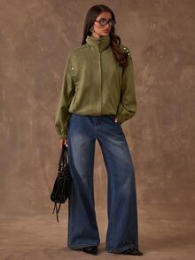 SHEIN BAE Women's Casual Stud Decor Jacket, Autumn - Army Green - View 4