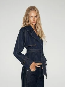 ATUI Studio Jaket Denim Kasual Serbaguna untuk Wanita dengan Tali Pinggang untuk Pemakaian Sehari-hari - Dark Wash - View 4