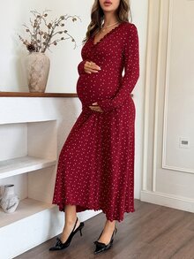 DAZY Floral Print Ruched Ruffle Trim Fitted Elastic Long Sleeve V-Neck Casual Vacation Sexy Home Daily Spring Autumn Maternity Dress - Red - View 7