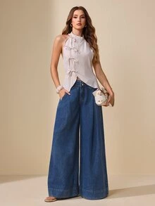 Selenza Women's Loose Wide Waistband 2-Button Straight Leg Wide Leg Vintage Denim Jeans - Dark Wash - View 3