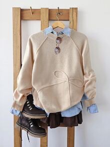 SHEIN LUNE Women's Bow Textured Raglan Long Sleeve Casual Sweater - Apricot - View 1