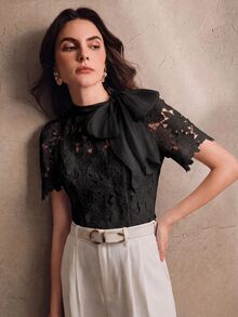 Anewsta Autumn French Gentle Style Black Hollow Lace Bow Versatile Women's Blouse - Black - View 3