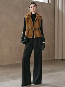 Anewsta Women's Autumn/Winter Lapel Faux Mink Wavy Embossed Vest Jacket - Coffee Brown - View 6