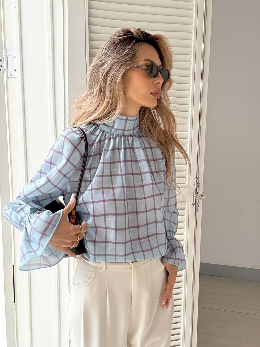 Serisse Women's Plaid Stand Collar Raglan Long Sleeve Casual Shirt - Blue - View 1