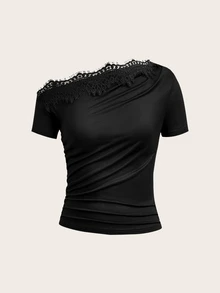 SHEIN Clasi 女款純色對比蕾絲不對稱肩短袖時尚T恤 - 彩色 - 查看 11