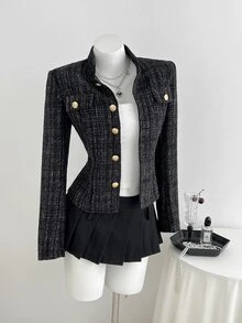 Elamini European And American Fashion Autumn/Winter Tweed Women's Overcoat - Black - View 5