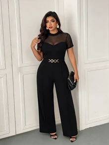 Femmeverse Plus Size Women's Fashion Elegant Round Neck Mesh Patchwork Short Sleeve, Waist Metal Buckle Decor Straight Leg Solid Color Jumpsuit, Suitable For Spring And Summer - Black - View 1