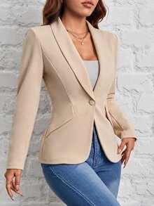 SHEIN PETITE 秋冬通勤穿搭 綠色水果領單扣黑色西裝外套 - 卡其色 - 查看 2