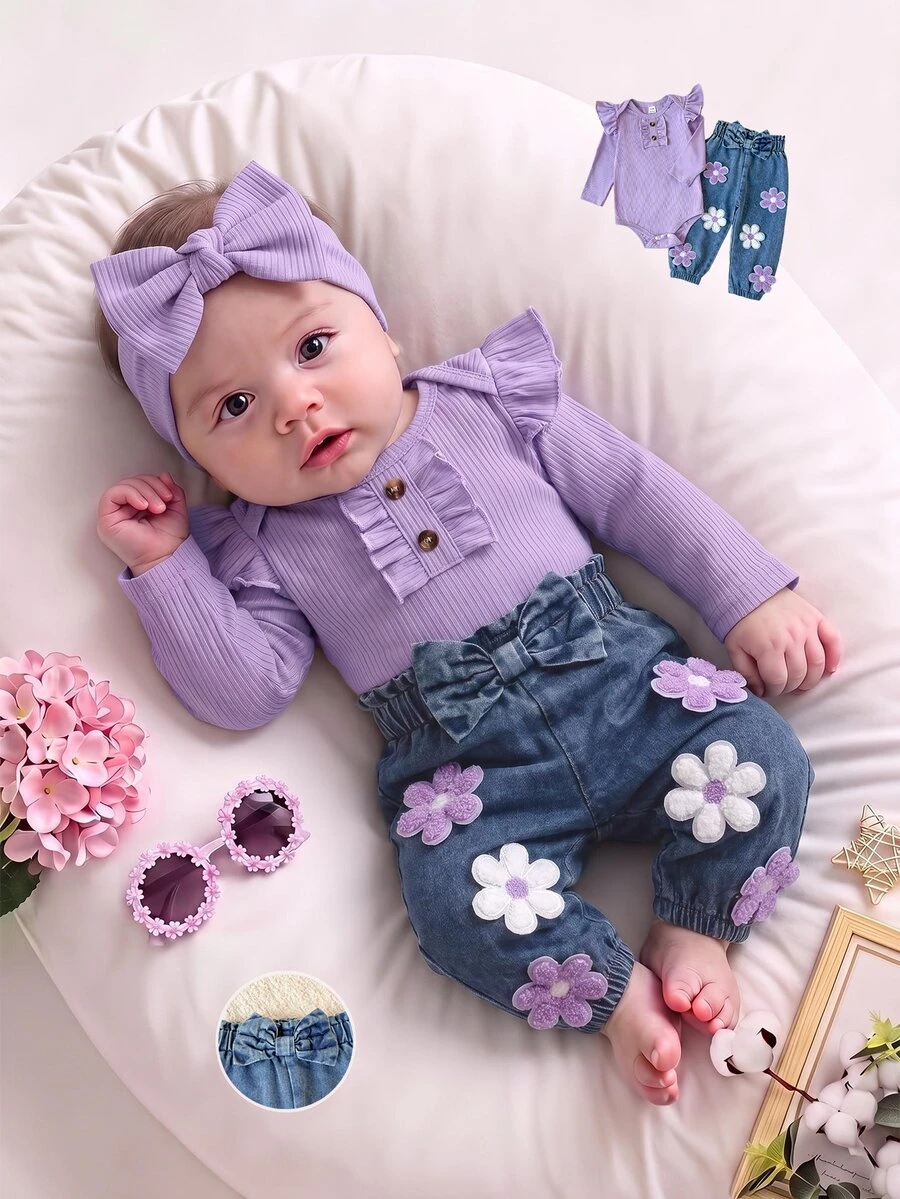 SHEIN Vintaside Kids 2件組紫色女嬰甜美花朵蝴蝶結紙袋腰傘狀袖連身衣褲套裝 秋季 - 紫色 - 查看 1